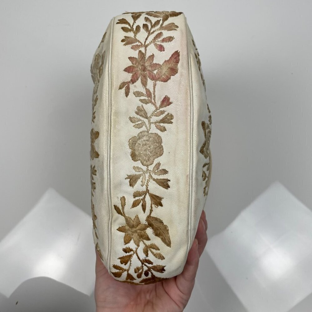 Vintage Cream and Brown Leather Embroidered Floral Purse - Picture 6 of 12
